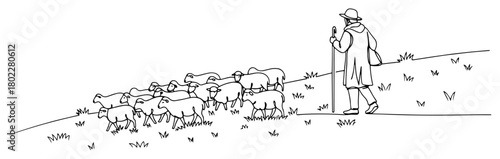 Shepherd with a flock of sheep in a rural pasture landscape continuous one line drawing Vector illustration of a traditional farming and agriculture scene