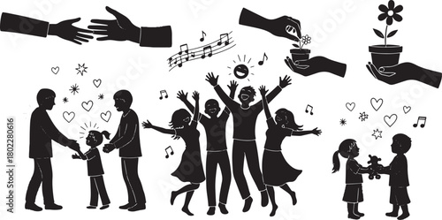 Silhouettes of People Sharing Happiness Joy and Support Black and White Illustration