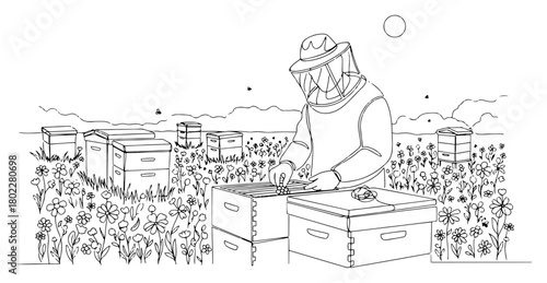 Beekeeper working at an apiary with beehives in a flower meadow continuous one line drawing Vector illustration of honey production and organic farming