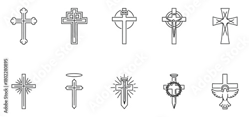 Black outline drawings collection of Christian crosses on transparent background