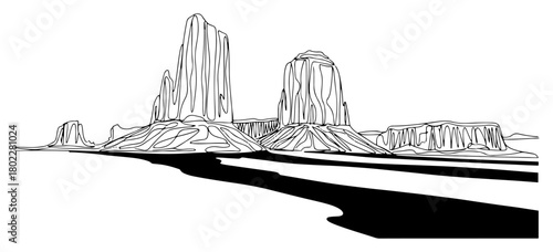 Monument Valley Arizona USA Continuous one line drawing Famous American desert landscape with rock formations minimalist vector illustration