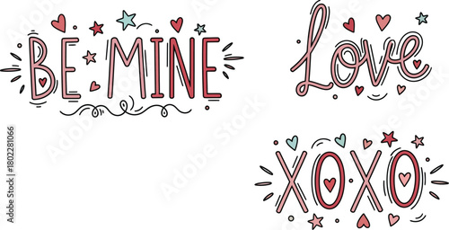 Minimal doodle pack of Be Mine, Love, and XOXO  handwritten phrases with decorative elements, vector art