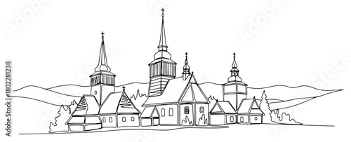 Traditional wooden churches of Maramures Romania continuous one line drawing Vector illustration of a famous UNESCO world heritage landmark for a travel concept