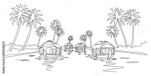 Kerala houseboats on backwaters one continuous line drawing. India travel destination vector art.