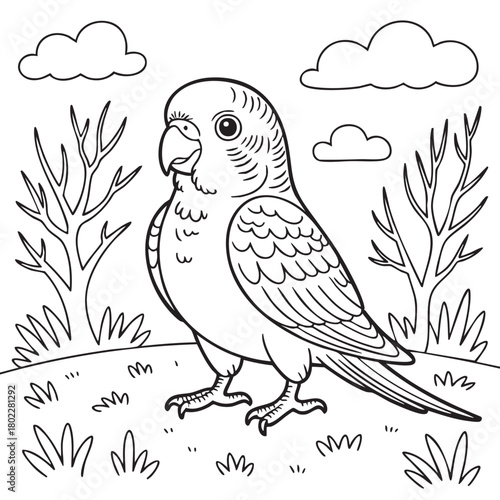 Bird Standing in Grass Line Art Coloring Page