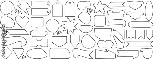 Collection of outlined label shapes, speech bubbles, tags, banners, and decorative frames for versatile graphic design, crafting, scrapbooking, stickers, and digital illustration projects.