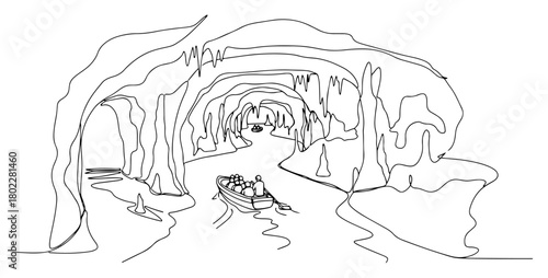 One continuous line drawing of a boat tour in an underground river cave Natural grotto and travel adventure in one line art style vector illustration