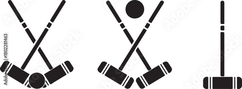 Black and white croquet mallets and ball icons sport game