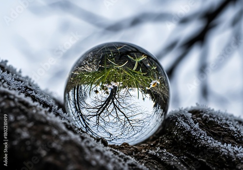 Crystal ball reflecting winter landscape on a frost covered branch