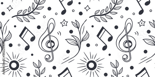 Seamless musical pattern with treble clefs, notes, stars, and botanical elements in a hand-drawn style. Elegant black-and-white music doodle background for creative designs. Perfect for wallpapers, 