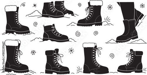 Winter boots collection black and white vector illustration seamless pattern