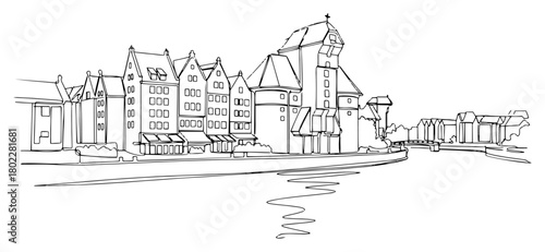 Gdansk old town waterfront in Poland Continuous one line drawing Famous European cityscape with Zuraw Crane minimalist vector illustration