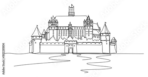 Malbork Castle one continuous line drawing. Poland famous landmark vector art.