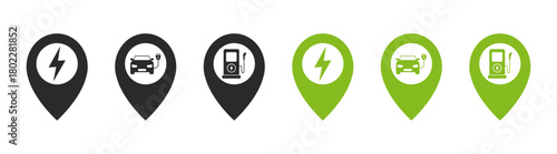 Electric vehicle charging station icon, car charger, battery, plug, energy, power, eco green, sustainable transport, navigation, cable, marker, location, technology, on transparent background.