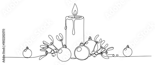 One continuous line drawing of a Christmas candle with mistletoe and baubles Festive holiday arrangement in minimalist one line art style vector illustration