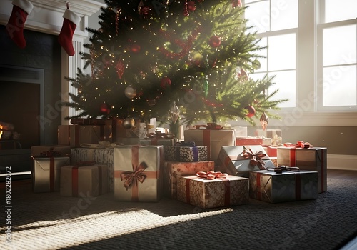 Christmas tree with gifts under it in a cozy living room