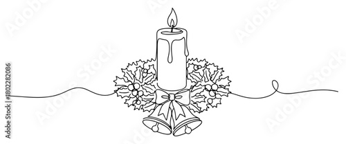 Christmas Advent candle with holly wreath and bells Continuous one line drawing Holiday decoration minimalist vector illustration