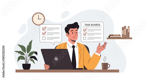 Productivity Boost Businessman at Desk Managing Task Boards with Laptop and Coffee