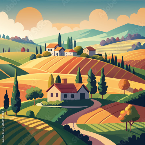 A picturesque landscape of rolling hills with houses and trees under a bright sky with clouds present