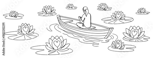 Woman in a boat on a lake surrounded by heart-shaped water lilies continuous one line drawing Vector illustration of a romantic and peaceful journey for Valentines Day concept