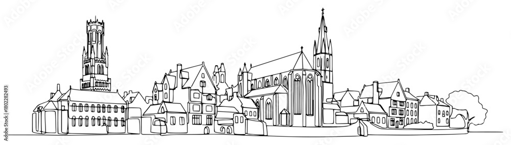Obraz premium Bruges Belgium city skyline with the Belfry tower and historic buildings continuous one line drawing Vector illustration of a famous european landmark for travel concept