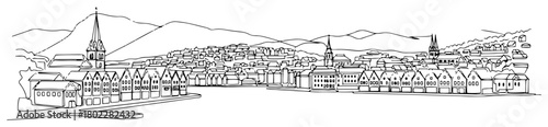 Bergen Bryggen cityscape one continuous line drawing. Famous Norway landmark vector art.