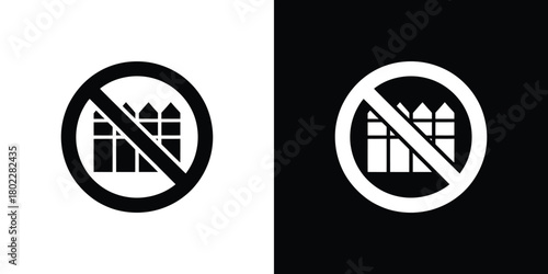 Restriction Fence Prohibition Sign on Black and White Backgrounds, No Fence Icons