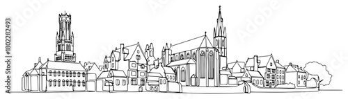Bruges Belgium city skyline with the Belfry tower and historic buildings continuous one line drawing Vector illustration of a famous european landmark for travel concept