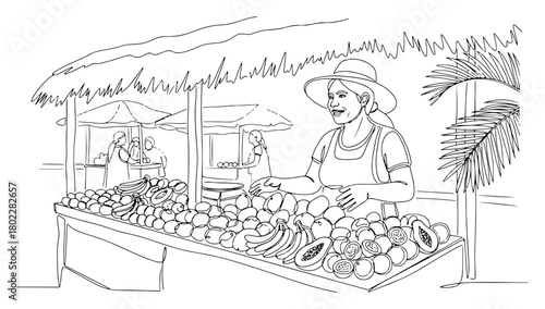 One continuous line drawing of a woman selling fresh fruit at a tropical street market Local vendor and healthy food concept in one line art style vector illustration