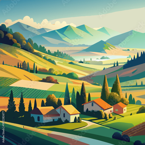 Scenic landscape painting of rural houses nestled in rolling hills with distant mountains view, sunny day light
