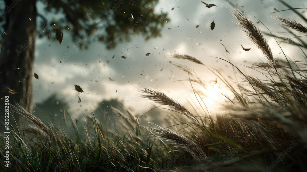 Obraz premium Windy grass field at sunset with blowing leaves and tall grass in soft light evoking calm and movement