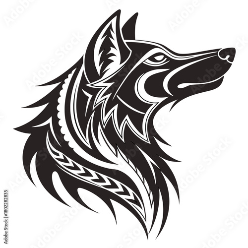 Stylized wolf head in black and white featuring tribal design elements and upward facing gaze design