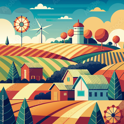 Colorful countryside landscape with houses fields trees wind turbines and a water tower depicted