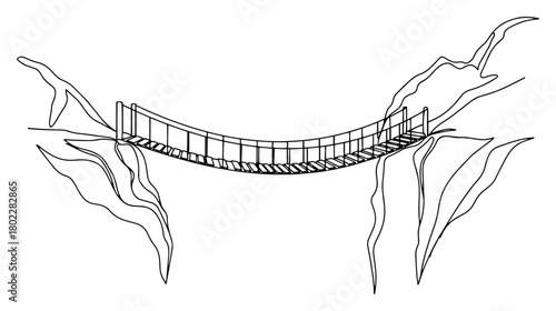 Rope suspension bridge between cliffs Continuous one line drawing Adventure in the mountains minimalist vector illustration