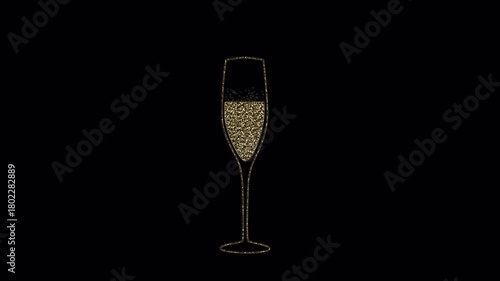 A glass of champagne made of golden particles on a transparent background. Festive animation from the alpha channel.