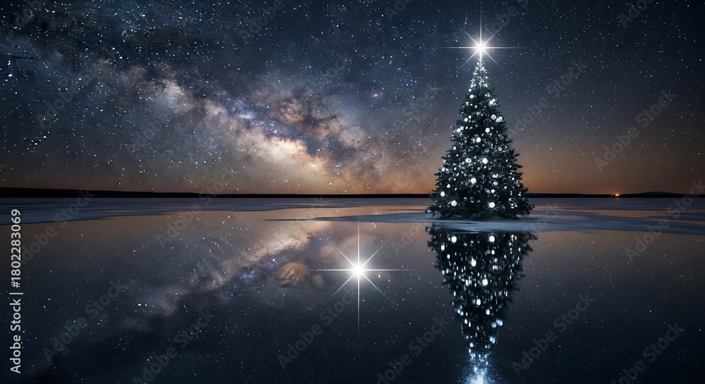 Naklejka premium Christmas tree under starry sky reflected in water at night