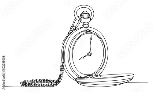 Vintage pocket watch with an open lid and chain continuous one line drawing Vector illustration of an antique timepiece for a classic or steampunk concept