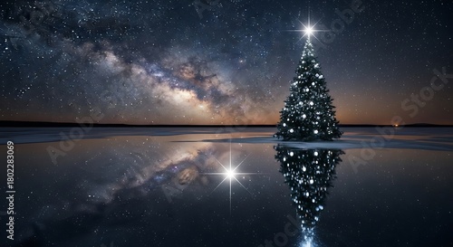 Christmas tree under starry sky reflected in water at night