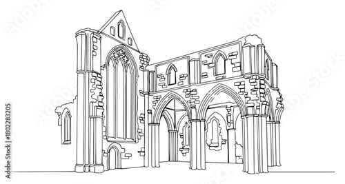 Bolton Abbey ruins one continuous line drawing. England famous landmark vector art.