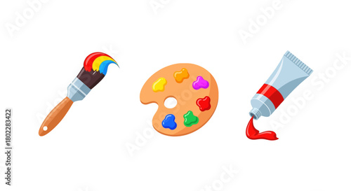 Colorful art tools: brush, palette, and paint tube on white background