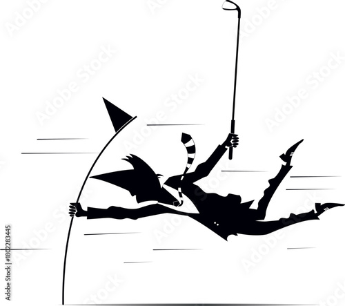 Stormy weather and man on the golf course. 
Strong wind and frightened man with a golf club catches the golf flag