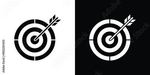 Target with Arrow Hitting Center, Circle Rings, Black and White Isolated Icon