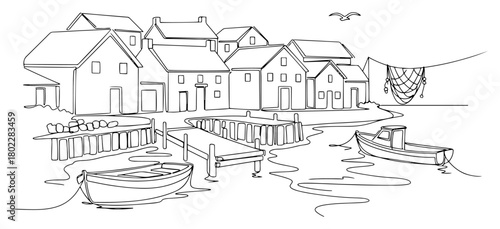 Fishing village on the coast Continuous one line drawing Scandinavian harbor with boats and houses minimalist vector illustration
