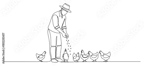 Farmer feeding chickens on a farm continuous one line drawing Vector illustration of a poultry farming scene for an organic agriculture concept