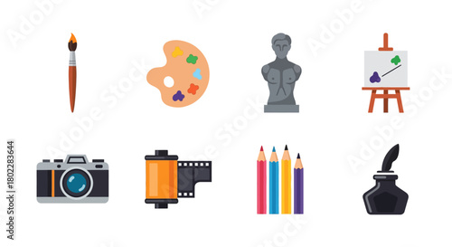 Creative art tools and supplies icons in flat design