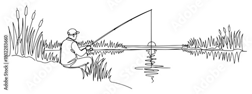 Fisherman sitting by the lake at sunset one continuous line drawing. Relaxing hobby vector art.