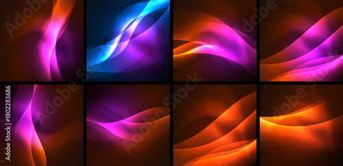 Abstract backgrounds, vibrant colors, flowing lines. Eight panels display dynamic wave patterns, gradients, luminosity. Smooth curves create visual interest.