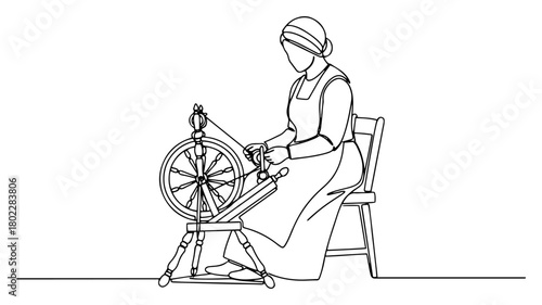 One continuous line drawing of a woman using a traditional spinning wheel Historical craft and textile production in one line art style vector illustration