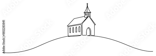Single continuous line drawing of a small chapel on a hill Minimalist country church landscape in one line art style vector illustration