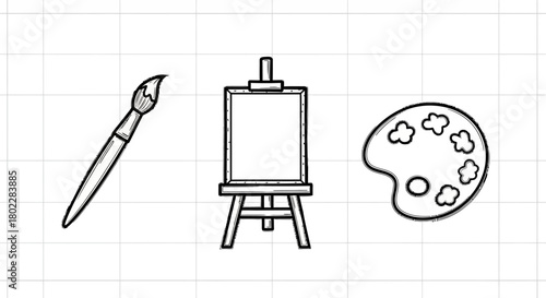 Art tools: paintbrush, easel, and palette in black and white linear design